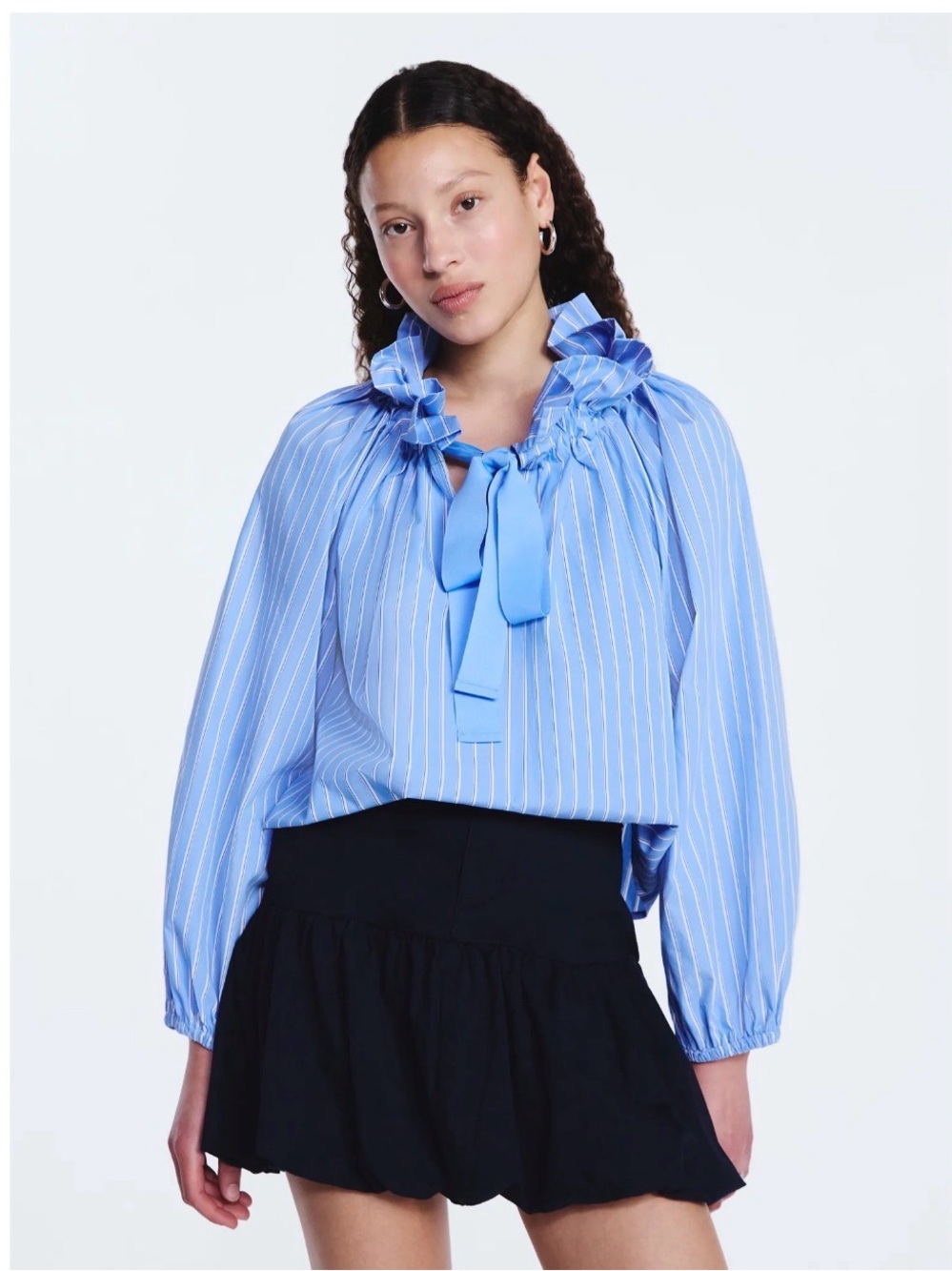 Free Assembly Ruffle Tie Neck Cotton Top with Long Puff Sleeve NWT - Picture 4 of 8